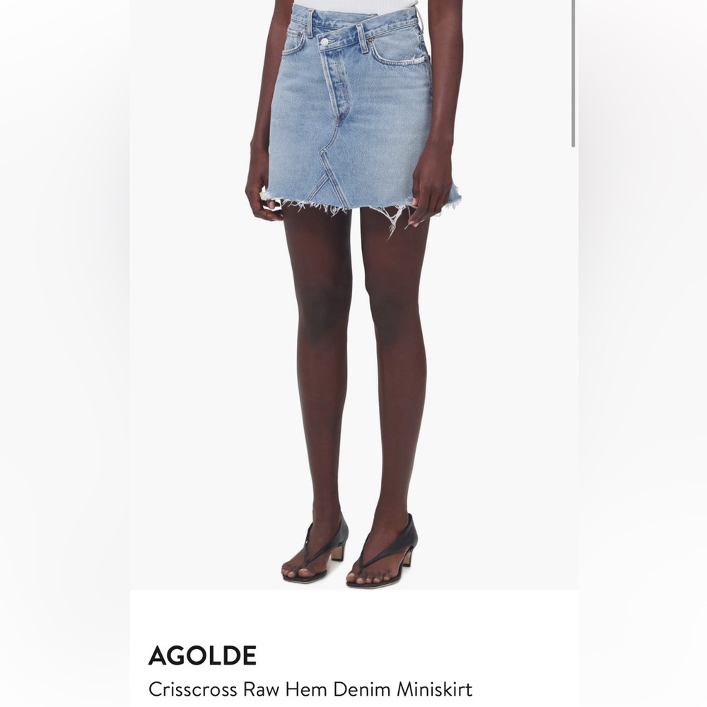 AGOLDE crisscross raw hem denim skirt